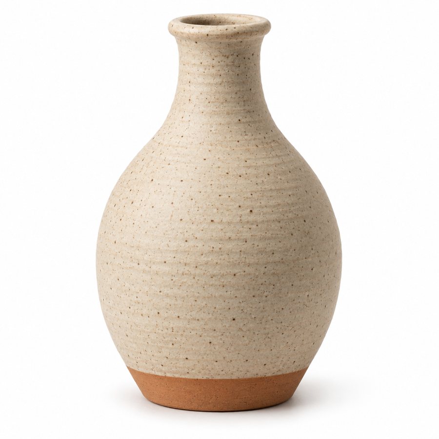 Plain product photo of a speckled stoneware vase on a white background